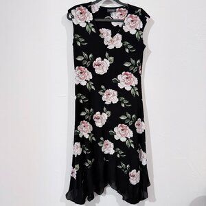 Luxology Black Floral Midi Dress, Size 8, Sleeveless V-Neck Fit & Flare Dress